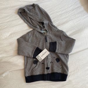 Striped zipper jacket with bear pocket.